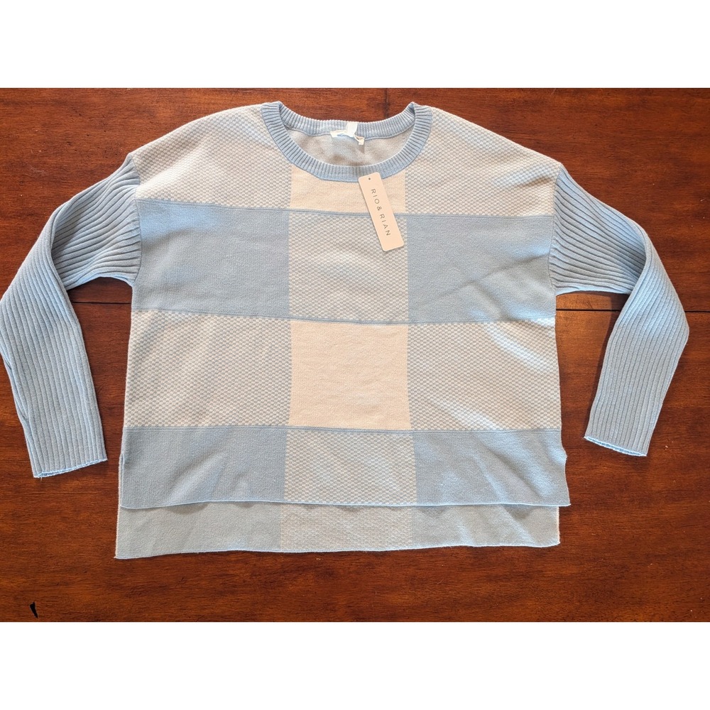Rio & Rian sweater - Women size Petite Large Light Blue & white Checkerboard NEW